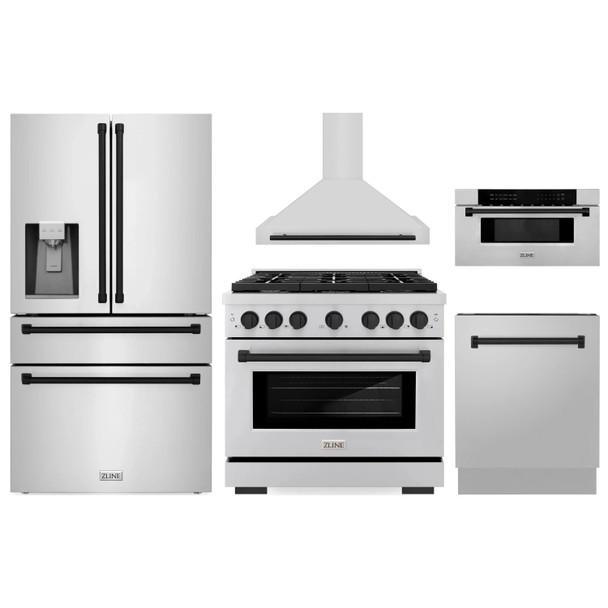 ZLINE 5-Piece Appliance Package - 36-Inch Paramount Dual Fuel Range, Wall Mount Range Hood, 36-Inch French Door Refrigerator with Water Dispenser, Dishwasher, and 30-Inch Microwave Drawer in Stainless Steel with Matte Black Accents
