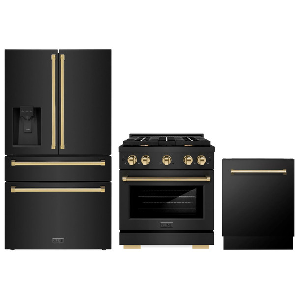 ZLINE 3-Piece Appliance Package - 30-Inch Paramount Dual Fuel Range, 36-Inch French Door Refrigerator with Water Dispenser, Dishwasher, in Black Stainless Steel with Gold Accents