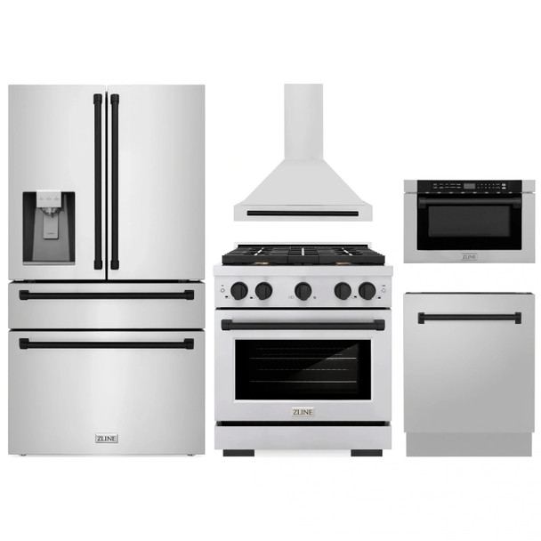 ZLINE 5-Piece Appliance Package - 30-Inch Paramount Autograph Dual Fuel Range, Wall Mount Range Hood, 36-Inch French Door Refrigerator with Water Dispenser, Dishwasher, and 24-Inch Microwave Drawer in Stainless Steel with Matte Black Accents