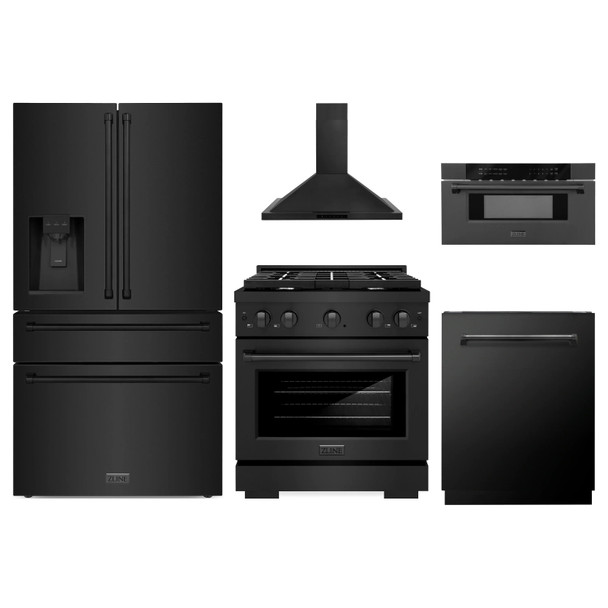 ZLINE 5-Piece Appliance Package - 30-Inch Paramount Gas Range, Wall Mount Range Hood, 36-Inch French Door Refrigerator with Water Dispenser, Dishwasher, and 30-Inch Microwave Drawer in Black Stainless Steel