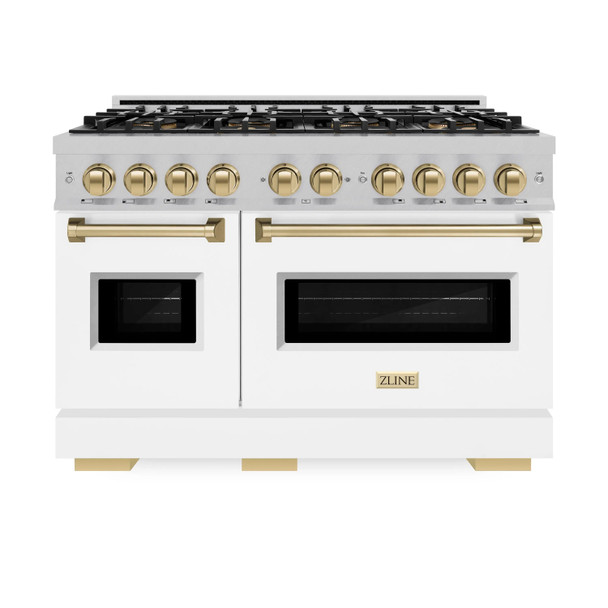 ZLINE Autograph 48-Inch Classic Gas DuoPro™ Range with Dual Ovens in Satin Steel with White Matte Doors and Bronze Accents (PCGRSZ-WM-48-CB)