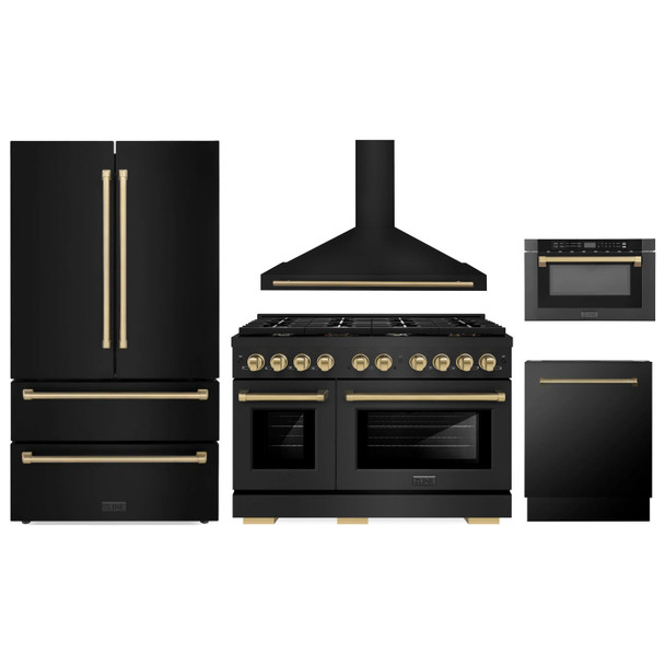 ZLINE 5-Piece Appliance Package - 48-Inch Paramount Dual Fuel Range, Wall Mount Range Hood, 36-Inch French Door Refrigerator, Dishwasher, and 24-Inch Microwave Drawer in Black Stainless Steel with Champagne Bronze Accents