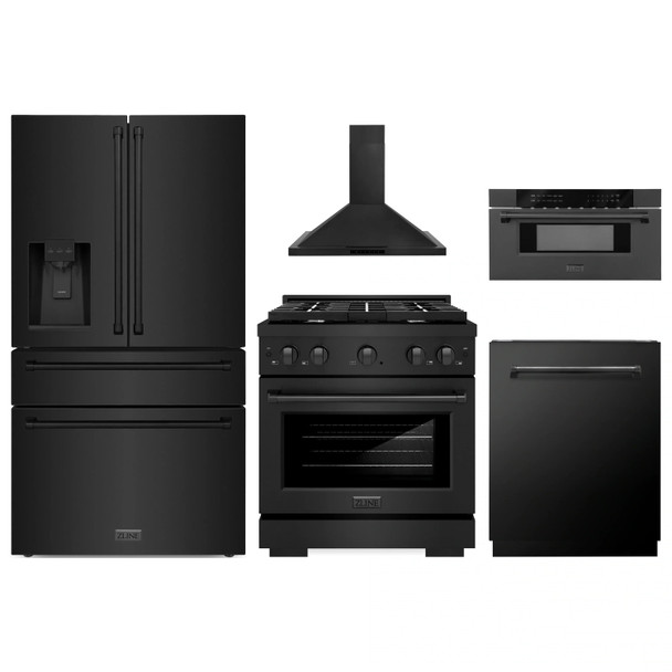 ZLINE 5-Piece Appliance Package - 30-Inch Paramount Dual Fuel Range, Wall Mount Range Hood, 36-Inch French Door Refrigerator with Water Dispenser, Dishwasher, and 30-Inch Microwave Drawer in Black Stainless Steel