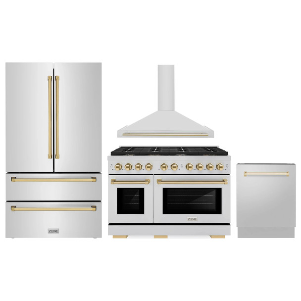 ZLINE 4-Piece Appliance Package - 48-Inch Paramount Autograph Dual Fuel Range, Wall Mount Range Hood, 36-Inch French Door Refrigerator, Dishwasher, in Stainless Steel with Gold Accents