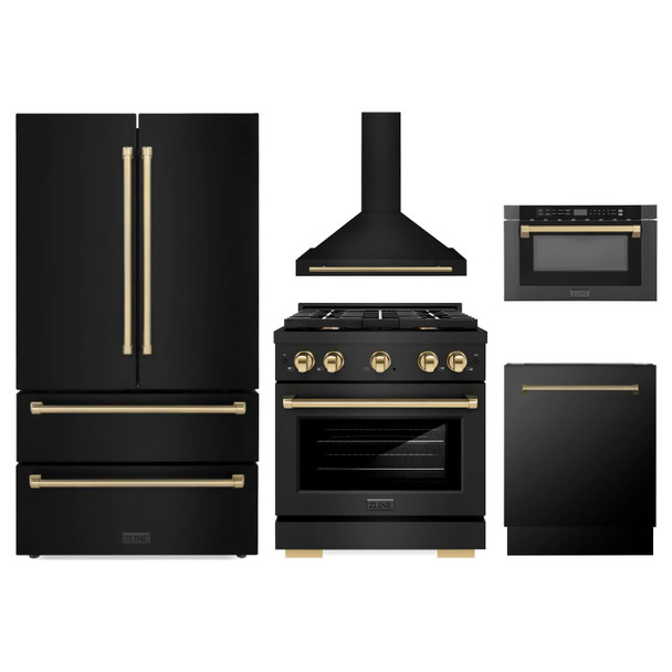 ZLINE 5-Piece Appliance Package - 36-Inch Paramount Dual Fuel Range, Wall Mount Range Hood, 36-Inch French Door Refrigerator, Dishwasher, and 24-Inch Microwave Drawer in Black Stainless Steel with Champagne Bronze Accents
