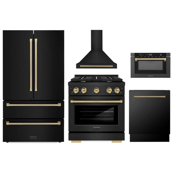 ZLINE 5-Piece Appliance Package - 30-Inch Paramount Dual Fuel Range, Wall Mount Range Hood, 36-Inch French Door Refrigerator, Dishwasher, and 24-Inch Microwave Drawer in Black Stainless Steel with Champagne Bronze Accents