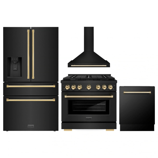 ZLINE 4-Piece Appliance Package - 36-Inch Paramount Gas Range, Wall Mount Range Hood, 36-Inch French Door Refrigerator with Water Dispenser, Dishwasher, in Black Stainless Steel with Gold Accents