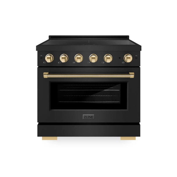 ZLINE Autograph Edition 36-Inch 5.2 Cu. Ft. Paramount Induction Range with 5 Element Cooktop and Electric Convection Oven in Black Stainless Steel with Polished Gold Helix Handle and Knob Accents (SINRBZ-36-KG)