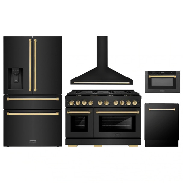 ZLINE 5-Piece Appliance Package - 48-Inch Paramount Gas Range, Wall Mount Range Hood, 36-Inch French Door Refrigerator with Water Dispenser, Dishwasher, and 24-Inch Microwave Drawer in Black Stainless Steel with Gold Accents