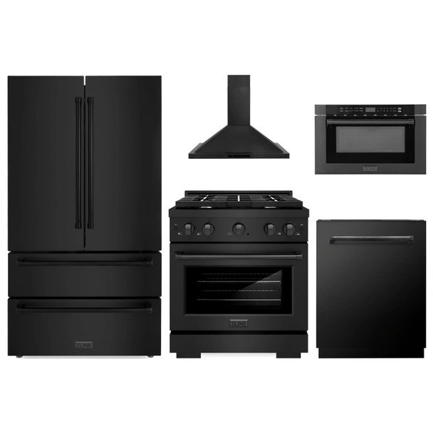 ZLINE 5-Piece Appliance Package - 30-Inch Paramount Dual Fuel Range, Wall Mount Range Hood, 36-Inch French Door Refrigerator, Dishwasher, and 24-Inch Microwave Drawer in Black Stainless Steel