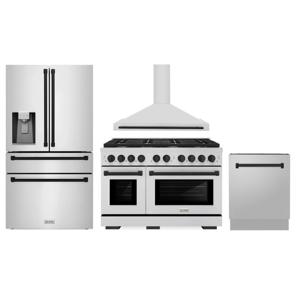 ZLINE 4-Piece Appliance Package - 48-Inch Paramount Autograph Dual Fuel Range, Wall Mount Range Hood, 36-Inch French Door Refrigerator with Water Dispenser, Dishwasher, in Stainless Steel with Matte Black Accents