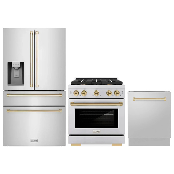 ZLINE 3-Piece Appliance Package - 30-Inch Paramount Autograph Gas Range, 36-Inch French Door Refrigerator with Water Dispenser, Dishwasher, in Stainless Steel with Gold Accents