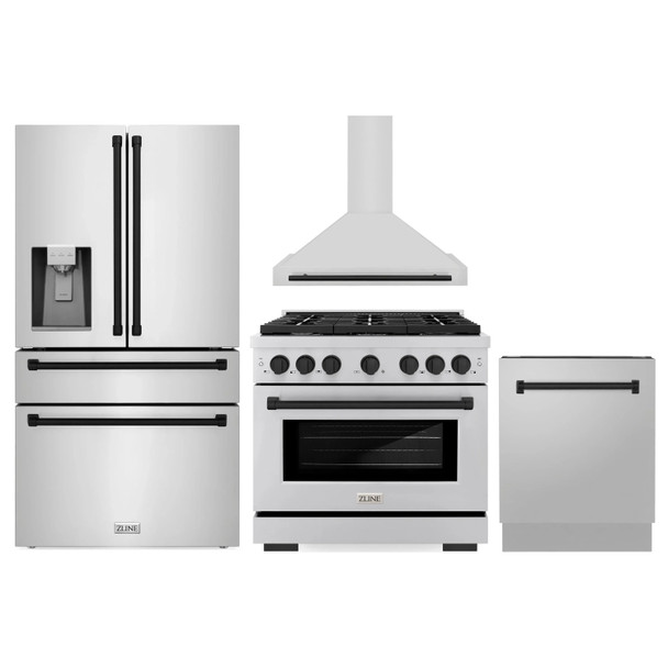 ZLINE 4-Piece Appliance Package - 36-Inch Paramount Autograph Dual Fuel Range, Wall Mount Range Hood, 36-Inch French Door Refrigerator with Water Dispenser, Dishwasher, in Stainless Steel with Matte Black Accents