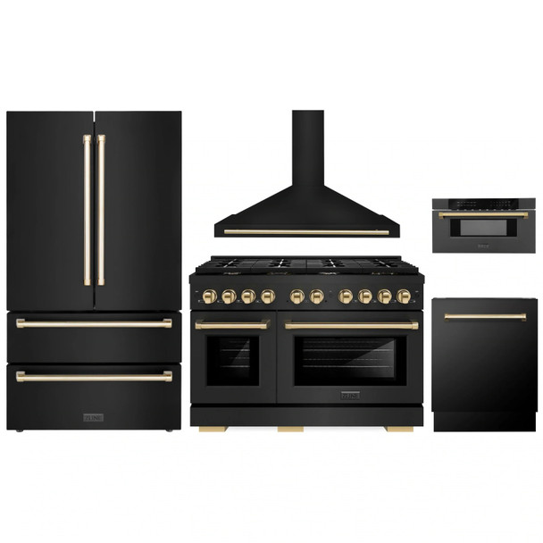 ZLINE 5-Piece Appliance Package - 48-Inch Paramount Gas Range, Wall Mount Range Hood, 36-Inch French Door Refrigerator, Dishwasher, and 30-Inch Microwave Drawer in Black Stainless Steel with Gold Accents