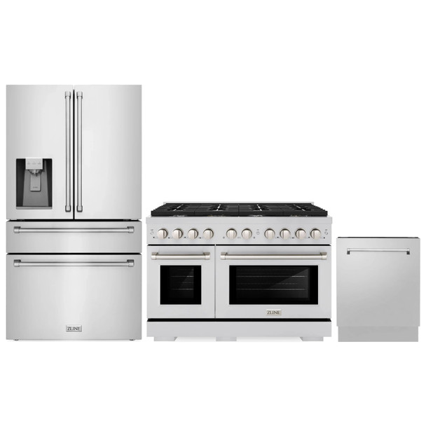 ZLINE 3-Piece Appliance Package - 48-Inch Paramount Dual Fuel Range, 36-Inch French Door Refrigerator with Water Dispenser, Dishwasher, in Stainless Steel