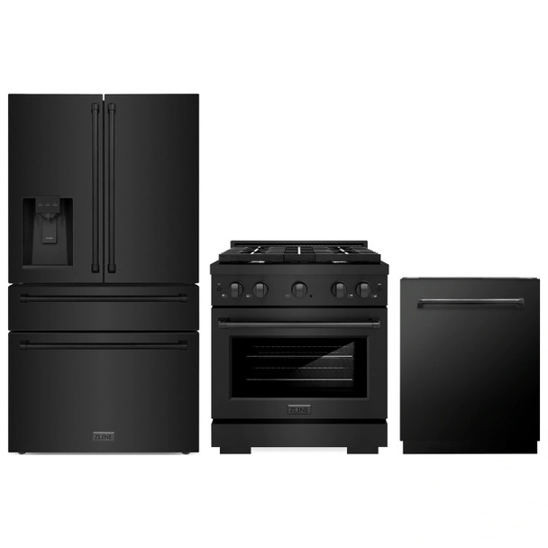 ZLINE 3-Piece Appliance Package - 30-Inch Paramount Dual Fuel Range, 36-Inch French Door Refrigerator with Water Dispenser, Dishwasher, in Black Stainless Steel