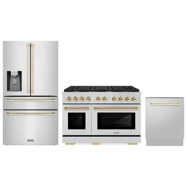 ZLINE 3-Piece Appliance Package - 48-Inch Paramount Autograph Dual Fuel Range, 36-Inch French Door Refrigerator with Water Dispenser, Dishwasher, in Stainless Steel with Gold Accents