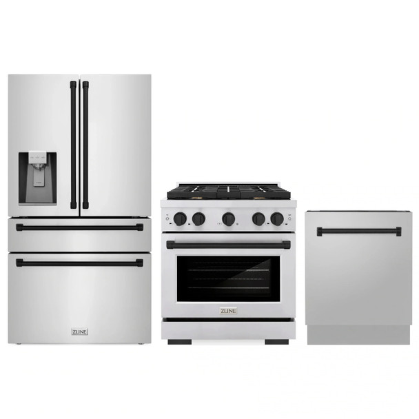 ZLINE 3-Piece Appliance Package - 30-Inch Paramount Autograph Gas Range, 36-Inch French Door Refrigerator with Water Dispenser, Dishwasher, in Stainless Steel with Matte Black Accents