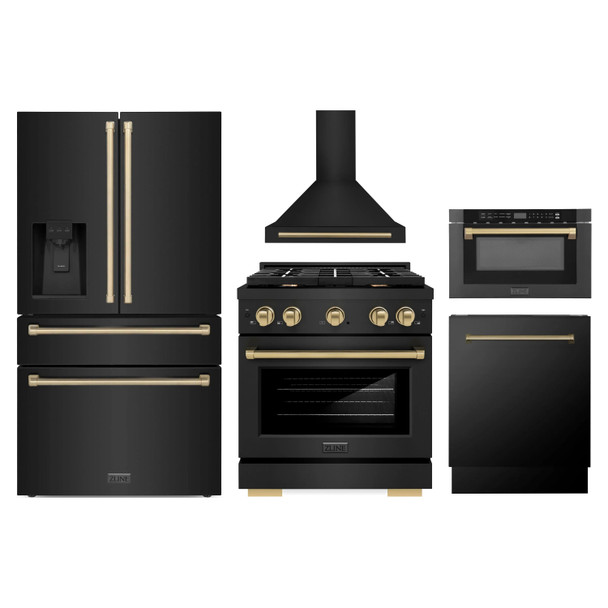 ZLINE 5-Piece Appliance Package - 30-Inch Paramount Dual Fuel Range, Wall Mount Range Hood, 36-Inch French Door Refrigerator with Water Dispenser, Dishwasher, and 24-Inch Microwave Drawer in Black Stainless Steel with Champagne Bronze Accents