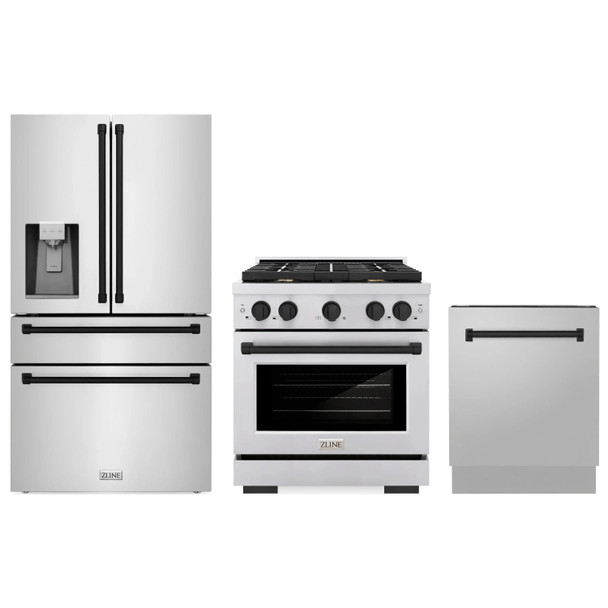 ZLINE 3-Piece Appliance Package - 30-Inch Paramount Autograph Dual Fuel Range, 36-Inch French Door Refrigerator with Water Dispenser, Dishwasher, in Stainless Steel with Matte Black Accents
