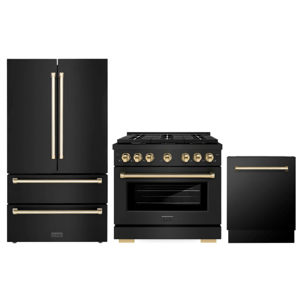 ZLINE 3-Piece Appliance Package - 36-Inch Paramount Gas Range, 36-Inch French Door Refrigerator, Dishwasher, in Black Stainless Steel with Gold Accents