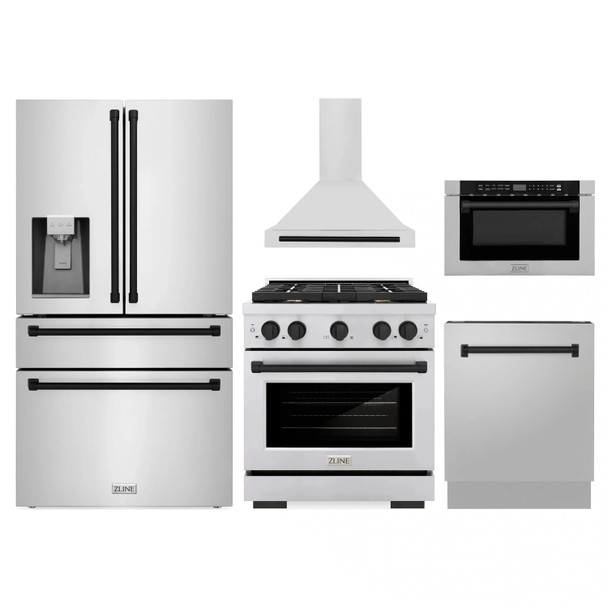 ZLINE 5-Piece Appliance Package - 30-Inch Paramount Autograph Gas Range, Wall Mount Range Hood, 36-Inch French Door Refrigerator with Water Dispenser, Dishwasher, and 24-Inch Microwave Drawer in Stainless Steel with Matte Black Accents