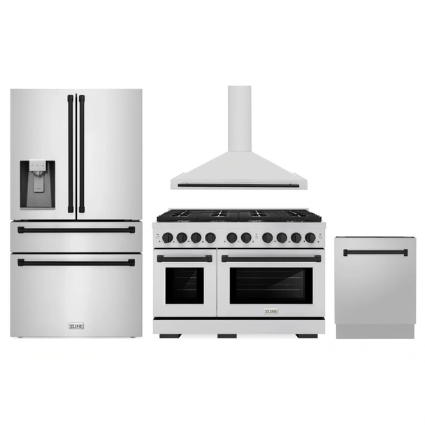 ZLINE 4-Piece Appliance Package - 48-Inch Paramount Autograph Gas Range, Wall Mount Range Hood, 36-Inch French Door Refrigerator with Water Dispenser, Dishwasher, in Stainless Steel with Matte Black Accents