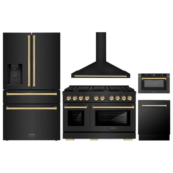 ZLINE 5-Piece Appliance Package - 48-Inch Paramount Dual Fuel Range, Wall Mount Range Hood, 36-Inch French Door Refrigerator with Water Dispenser, Dishwasher, and 24-Inch Microwave Drawer in Black Stainless Steel with Gold Accents