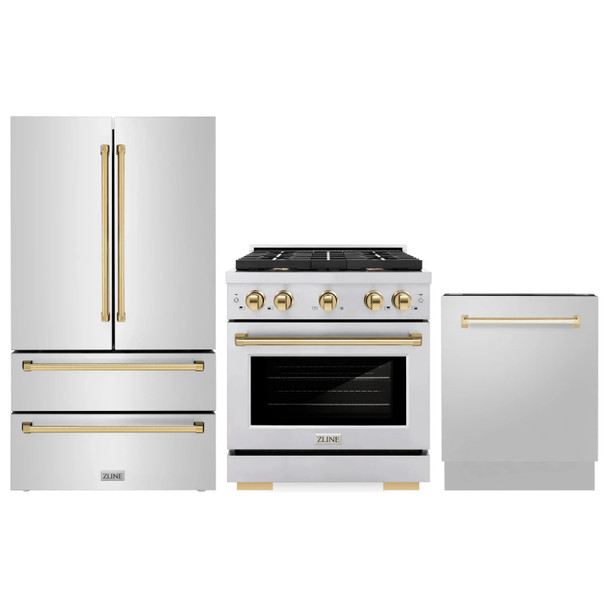 ZLINE 3-Piece Appliance Package - 30-Inch Paramount Autograph Gas Range, 36-Inch French Door Refrigerator, Dishwasher, in Stainless Steel with Gold Accents