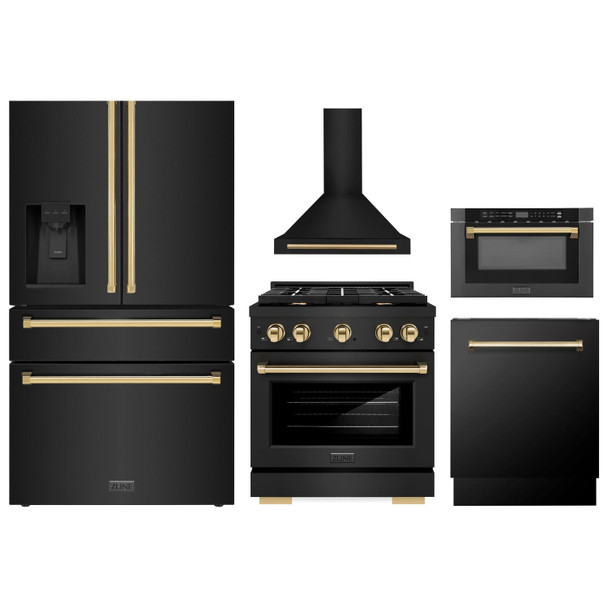 ZLINE 5-Piece Appliance Package - 30-Inch Paramount Dual Fuel Range, Wall Mount Range Hood, 36-Inch French Door Refrigerator with Water Dispenser, Dishwasher, and 24-Inch Microwave Drawer in Black Stainless Steel with Gold Accents