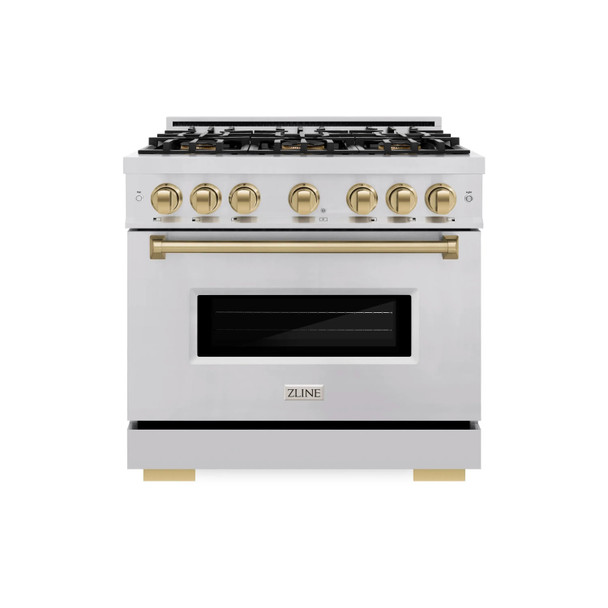 ZLINE Autograph 36-Inch 5.2 Cu. Ft. Classic Dual Fuel Range with 6 Burner DuoPro™ Cooktop and Electric Oven in Stainless and Champagne  (PCDRZ-36-CB)