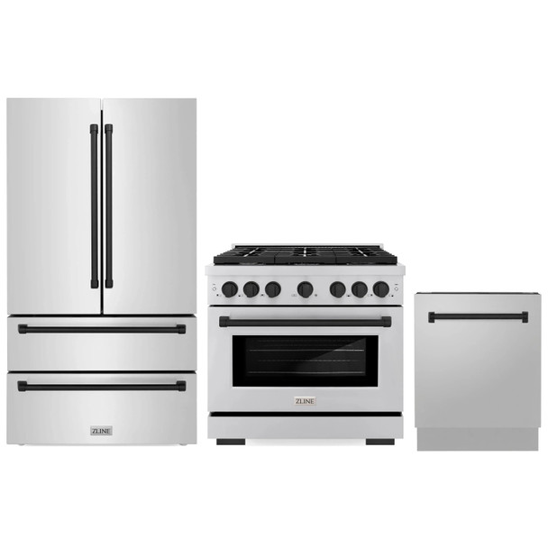 ZLINE 3-Piece Appliance Package - 36-Inch Paramount Autograph Dual Fuel Range, 36-Inch French Door Refrigerator, Dishwasher, in Stainless Steel with Matte Black Accents