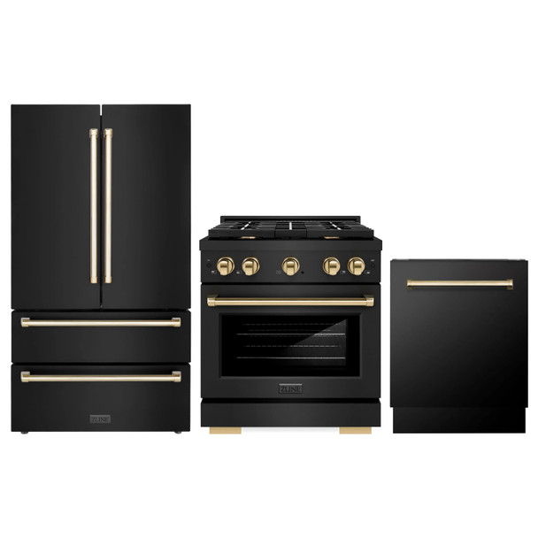 ZLINE 3-Piece Appliance Package - 30-Inch Paramount Gas Range, 36-Inch French Door Refrigerator, Dishwasher, in Black Stainless Steel with Gold Accents