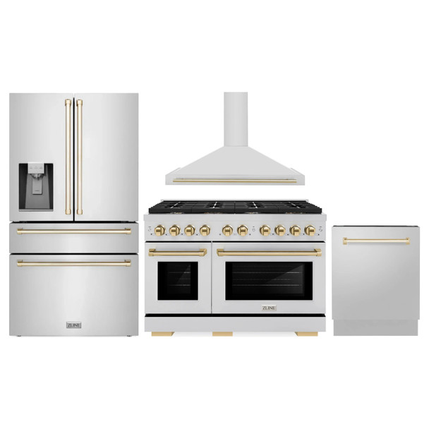 ZLINE 4-Piece Appliance Package - 48-Inch Paramount Autograph Dual Fuel Range, Wall Mount Range Hood, 36-Inch French Door Refrigerator with Water Dispenser, Dishwasher, in Stainless Steel with Gold Accents