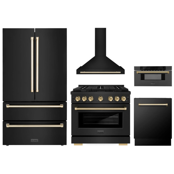 ZLINE 5-Piece Appliance Package - 36-Inch Paramount Dual Fuel Range, Wall Mount Range Hood, 36-Inch French Door Refrigerator, Dishwasher, and 30-Inch Microwave Drawer in Black Stainless Steel with Gold Accents