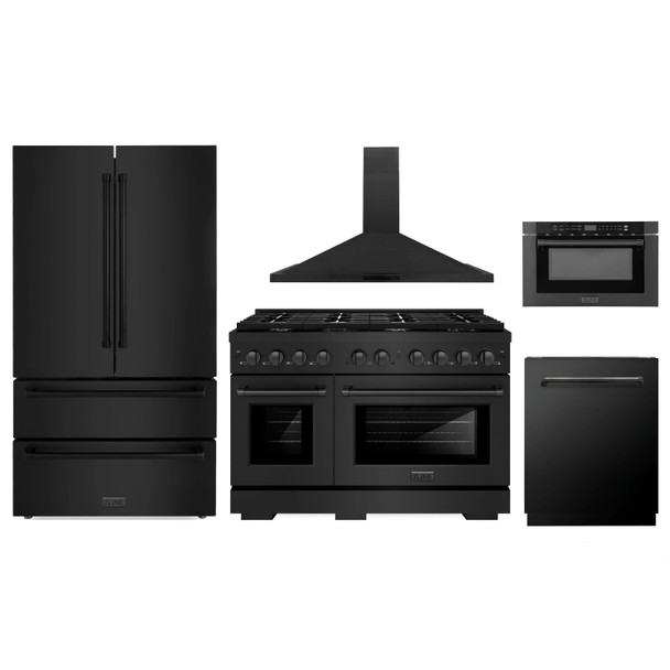 ZLINE 5-Piece Appliance Package - 48-Inch Paramount Dual Fuel Range, Wall Mount Range Hood, 36-Inch French Door Refrigerator, Dishwasher, and 24-Inch Microwave Drawer in Black Stainless Steel