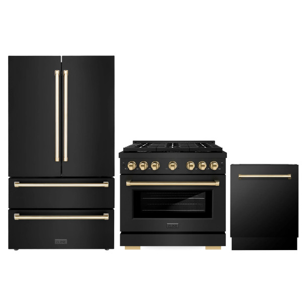 ZLINE 3-Piece Appliance Package - 36-Inch Paramount Dual Fuel Range, 36-Inch French Door Refrigerator, Dishwasher, in Black Stainless Steel with Gold Accents