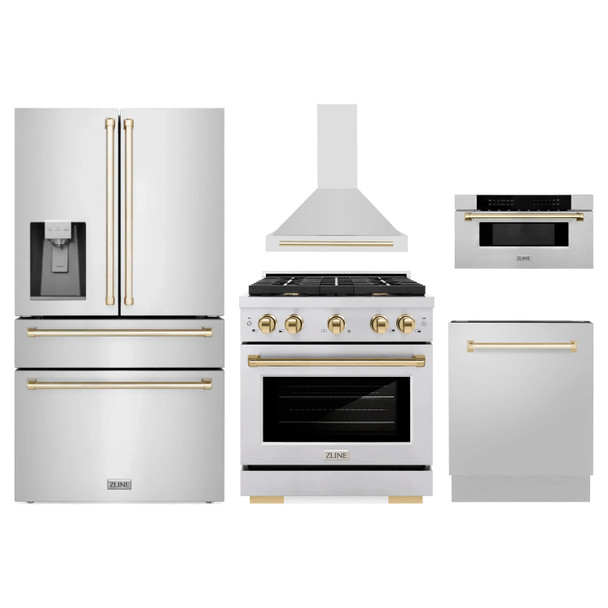 ZLINE 5-Piece Appliance Package - 30-Inch Paramount Dual Fuel Range, Wall Mount Range Hood, 36-Inch French Door Refrigerator with Water Dispenser, Dishwasher, and 30-Inch Microwave Drawer in Stainless Steel with Gold Accents