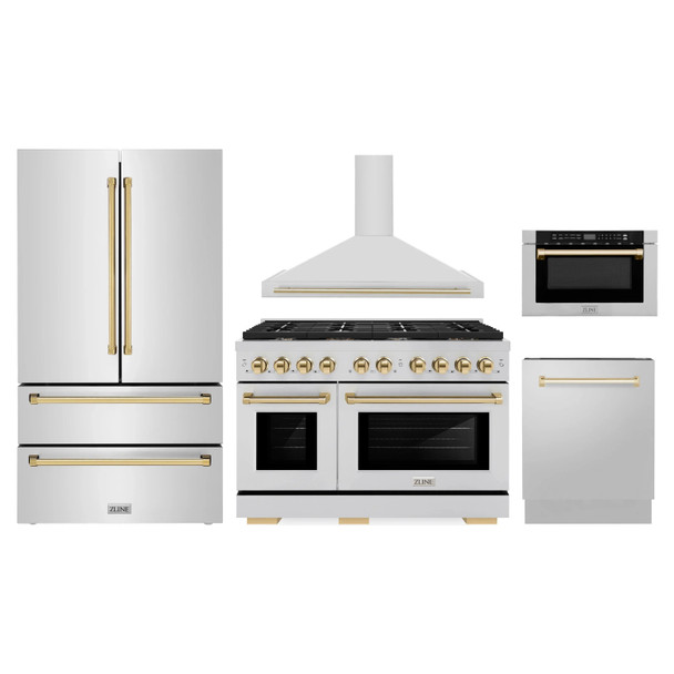 ZLINE 5-Piece Appliance Package - 48-Inch Paramount Dual Fuel Range, Wall Mount Range Hood, 36-Inch French Door Refrigerator, Dishwasher, and 30-Inch Microwave Drawer in Stainless Steel with Gold Accents