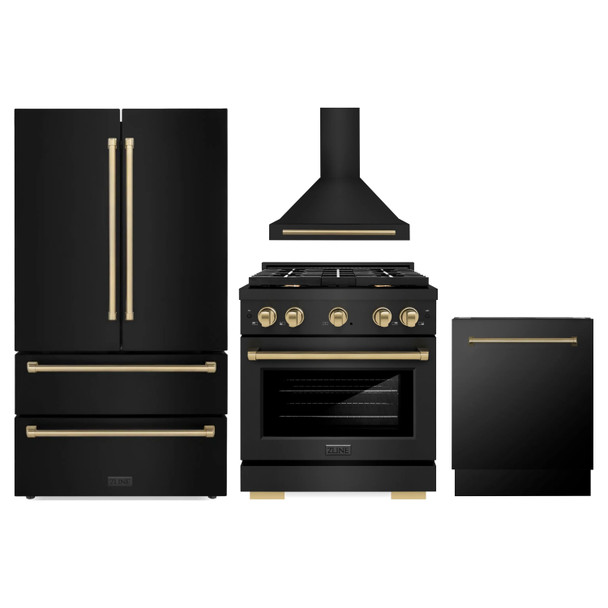 ZLINE 4-Piece Appliance Package - 30-Inch Paramount Gas Range, Wall Mount Range Hood, 36-Inch French Door Refrigerator, Dishwasher, in Black Stainless Steel with Champagne Bronze Accents