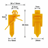 Clipstok CCYT1162 yellow nylon automotive clip product specification image showing side, front and angle displays with dimensions: 28 x 7.8mm main size, 8.3mm upper barb width, 38.3mm overall length, 7mm top tab width, 24mm front width and 6 x 10mm stem size.