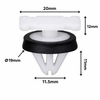 White automotive trim clip with black sealing washer on a white background, showing dimensions: 20mm top width, 12mm upper height, Ø19mm washer diameter, 11mm lower clip length, and 11.5mm lower width.