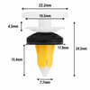 Black, white, and yellow automotive push-type trim clip on a clean white background with black measurement arrows showing 22.2mm top head width, 19.5mm secondary head width, 4.5mm upper section height, 17.9mm black collar width, 24.5mm overall length, 15.4mm lower stem length, and 7.7mm lower tip width.