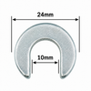Silver metal C-shaped washer clip on a white background with black measurement arrows showing 24mm overall width and 10mm inner opening width.