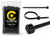 Clipstok black cable ties displayed on a clean white studio background, with a clear branded 100-pack bag on the left and individual cable ties shown on the right. The black label features the yellow and olive/gold Clipstok logo, white CLIPSTOK.com branding, “Cable Ties” and “100 Pack”. Individual views include a straight cable tie, a fastened loop and a close-up of the locking head and ribbed nylon strap.