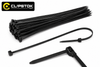 Clipstok black cable ties displayed on a clean white studio background. The image features a large bundle of loose black nylon cable ties, one straight individual tie, one fastened loop, and close-up views of the locking heads and ribbed straps. A Clipstok branded logo panel appears in the top-left corner.