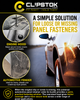 **Alt text:**
Clipstok promotional graphic for a universal automotive panel retainer cable tie buckle, featuring the Clipstok logo at the top, a large photo of a black car on the right, and two enlarged circular inset photos on the left showing the fastener in use on an engine hood and an automotive fender. Bold black, white and yellow text highlights it as a simple solution for loose or missing panel fasteners.