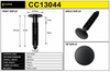 Clipstok CC13044 black nylon brush-style push-in retainer infographic showing front, angled and top views. Measurements include an 18mm round head diameter, 46.5mm overall height, 45mm secondary height, 35mm ribbed stem length, 10mm upper section and 7.8mm lower leg width. The specification table identifies the material as black nylon.