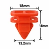 Orange/Red CC14411 automotive trim retainer on a white background, with black measurement arrows showing an 18mm head width, 18mm overall height and 13.2mm lower retaining-section width.