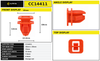 Clipstok CC14411 infographic showing an orange-red automotive trim retainer in clear front, side and top views. Measurements include an 18mm × 18mm top head, 12mm stem length, 13.2mm lower clip width, 7.5mm side depth and 2.5mm flange thickness.